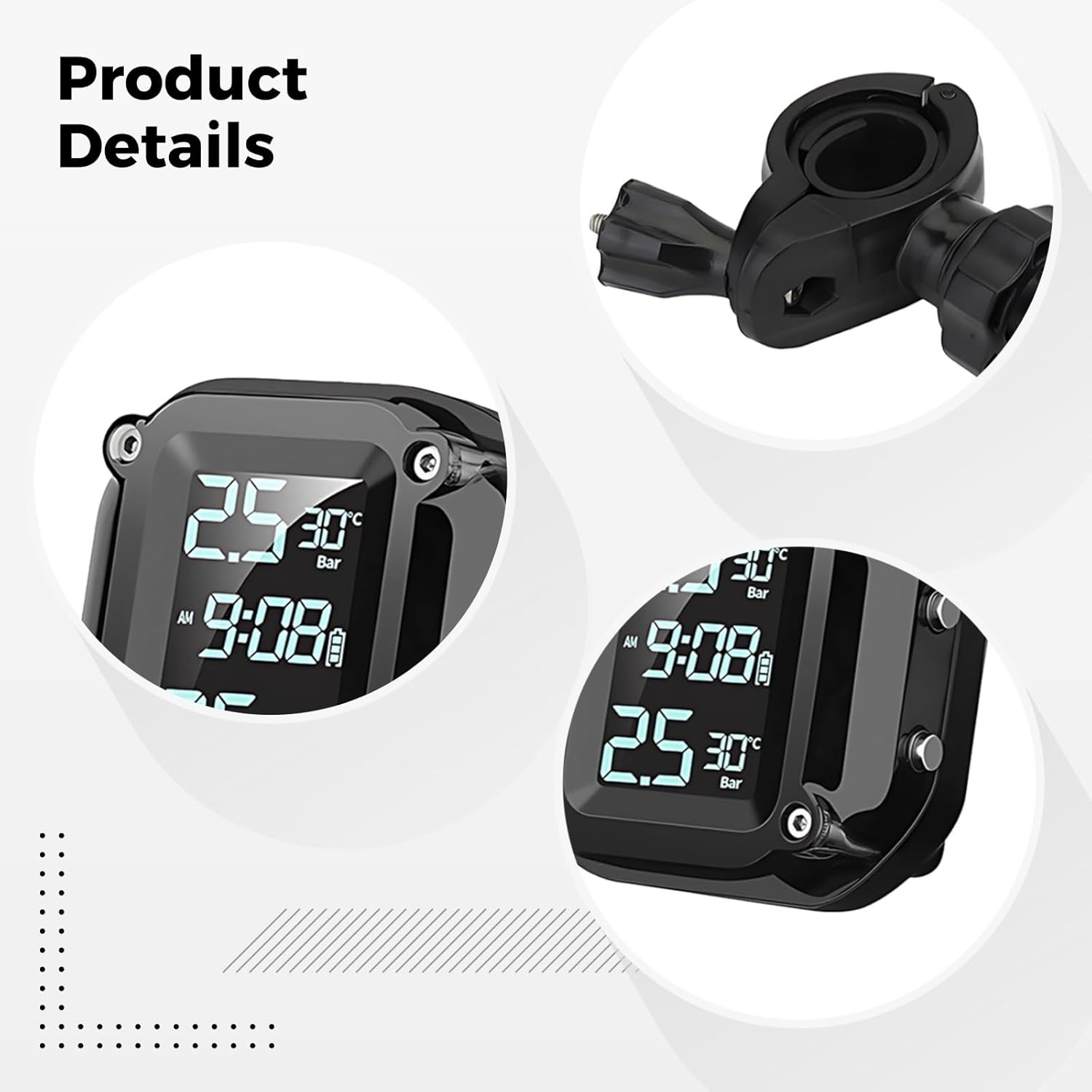 Wireless Tire Pressure Monitoring System for Motorcycle, Digital LCD, External Sensors, High-Low Temp Alarm
