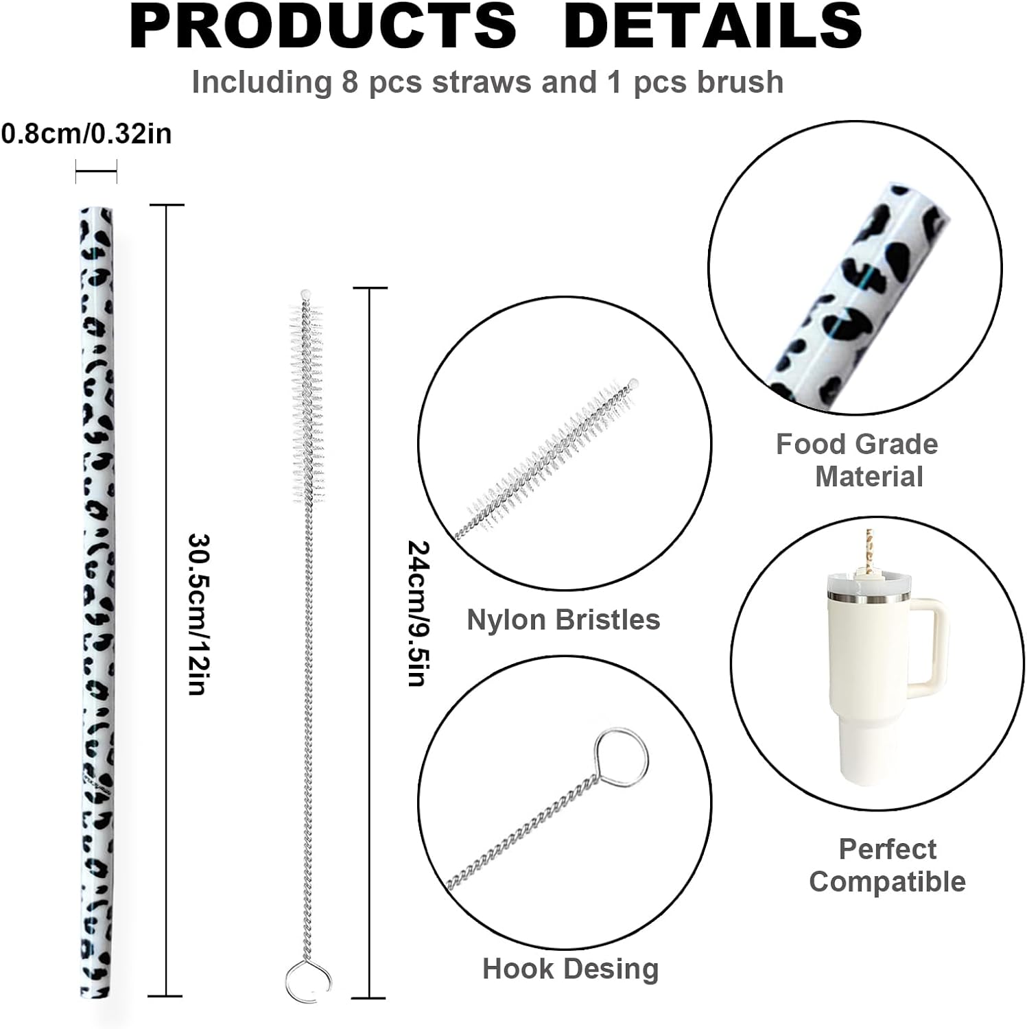 UWAYEXRA 40oz Replacement Straws 8 Pack | Tumbler Leopard Straws, Cheetah Iced Coffee 12 Inches Extra Long Drinking Reusable, WM-2307-3
