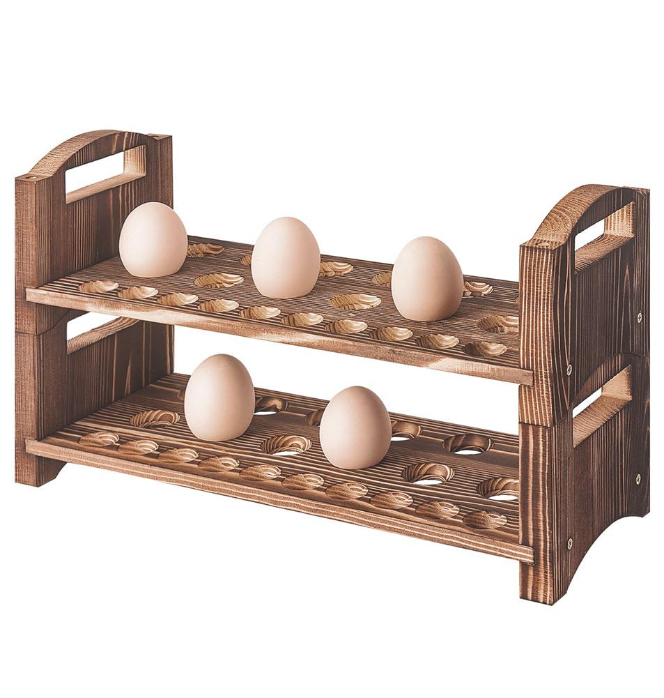 Wooden Egg Holder 2 Layer Fresh Egg Rack Holders Countertop Stackable Quail Egg Sorter Storage Trays Organizer Display Stand Kitchen Rack, Fits Duck, Turkey, Chicken Eggs,up to 36 Eggs, 2 Tier-Brown
