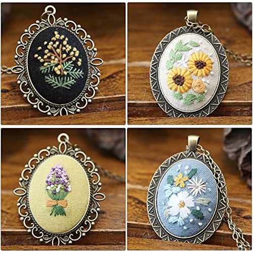 Image of ZOCONE 4 Packs Embroidery Necklace Kits, Embroidery Pendant Kit Mini Cross Stitch Kit with Hoop, Necklace, Pendant, Stamped Pattern Cloth, Instructions, etc., Embroidery Kits for Adults