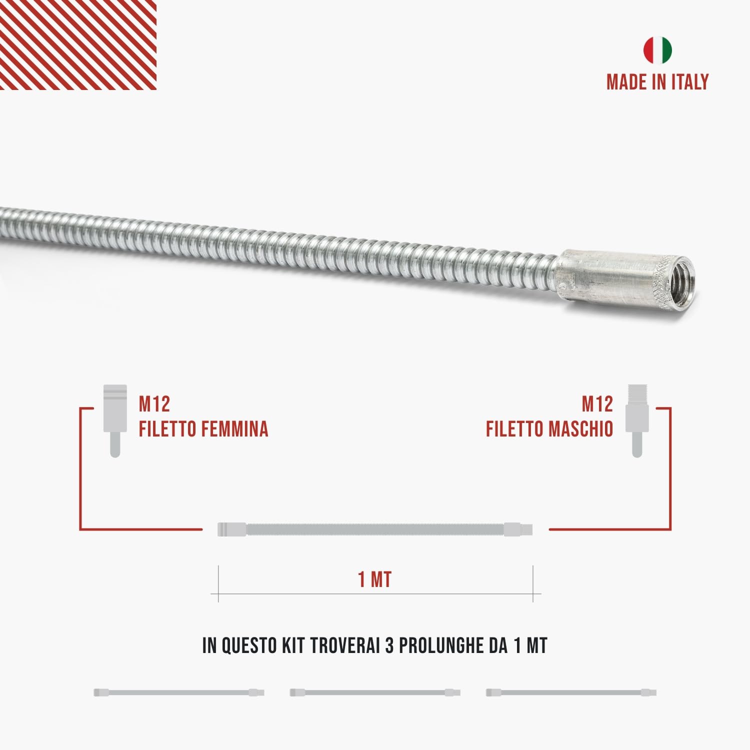 BARETTO Kit Pulizia Camino Canna Fumaria FLEX Ø 130 mm Prolunghe Molla 3 m Curvatura 90° Scovolo Nylon Attacco M12