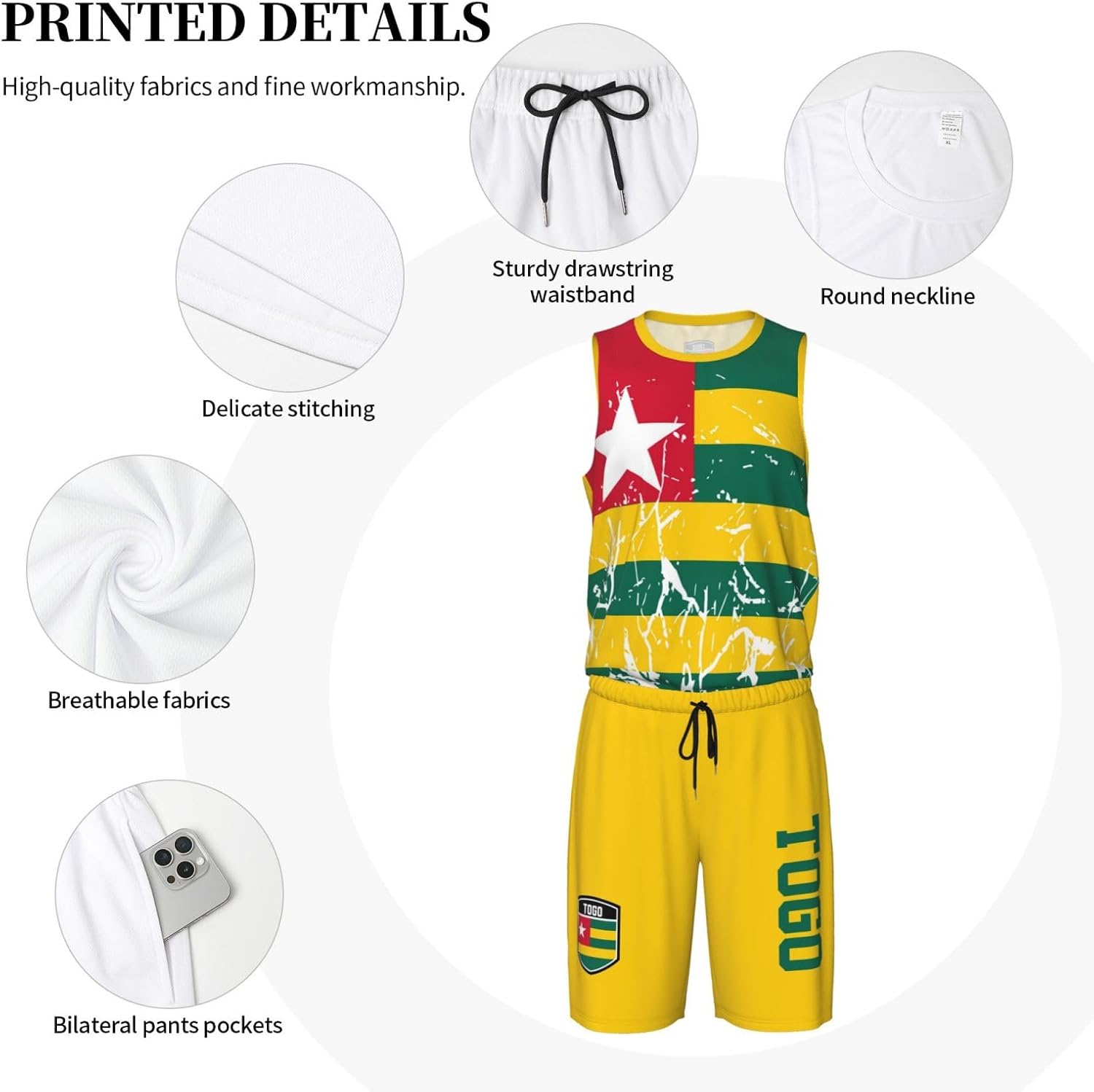 Togo Flag Grain (1) Basketball Jersey Uniform Suit for Men Adults Training Athletic Set
