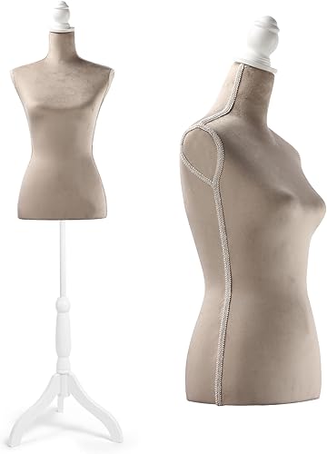 HOMBOUR Forma de vestido de torso de maniquí femenino, cuerpo de maniquí de costura, maniquí ajustable con soporte de base de trípode de madera para