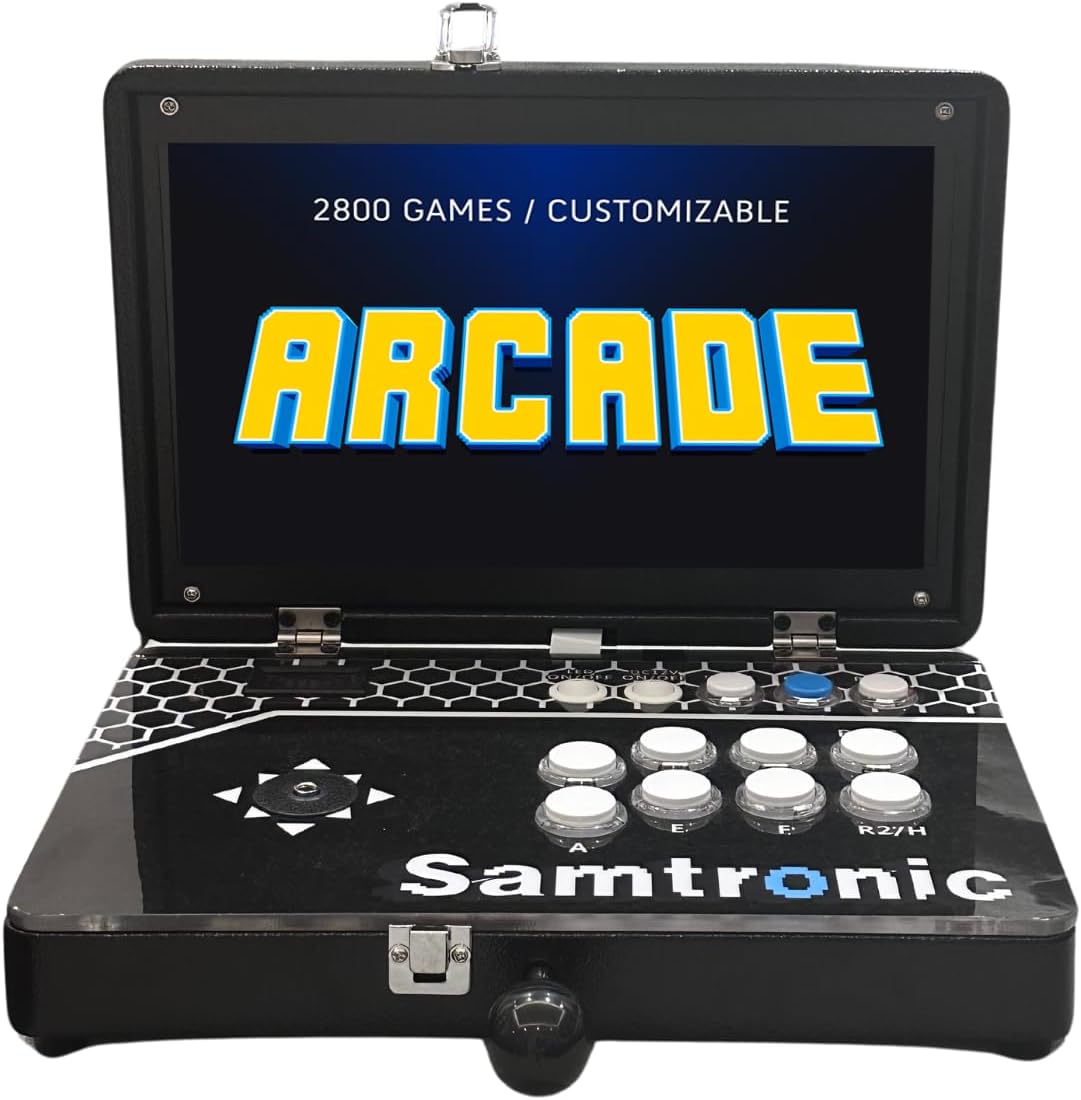 SAMTRONIK Retro Arcade Handheld Console open, displaying an arcade game screen.