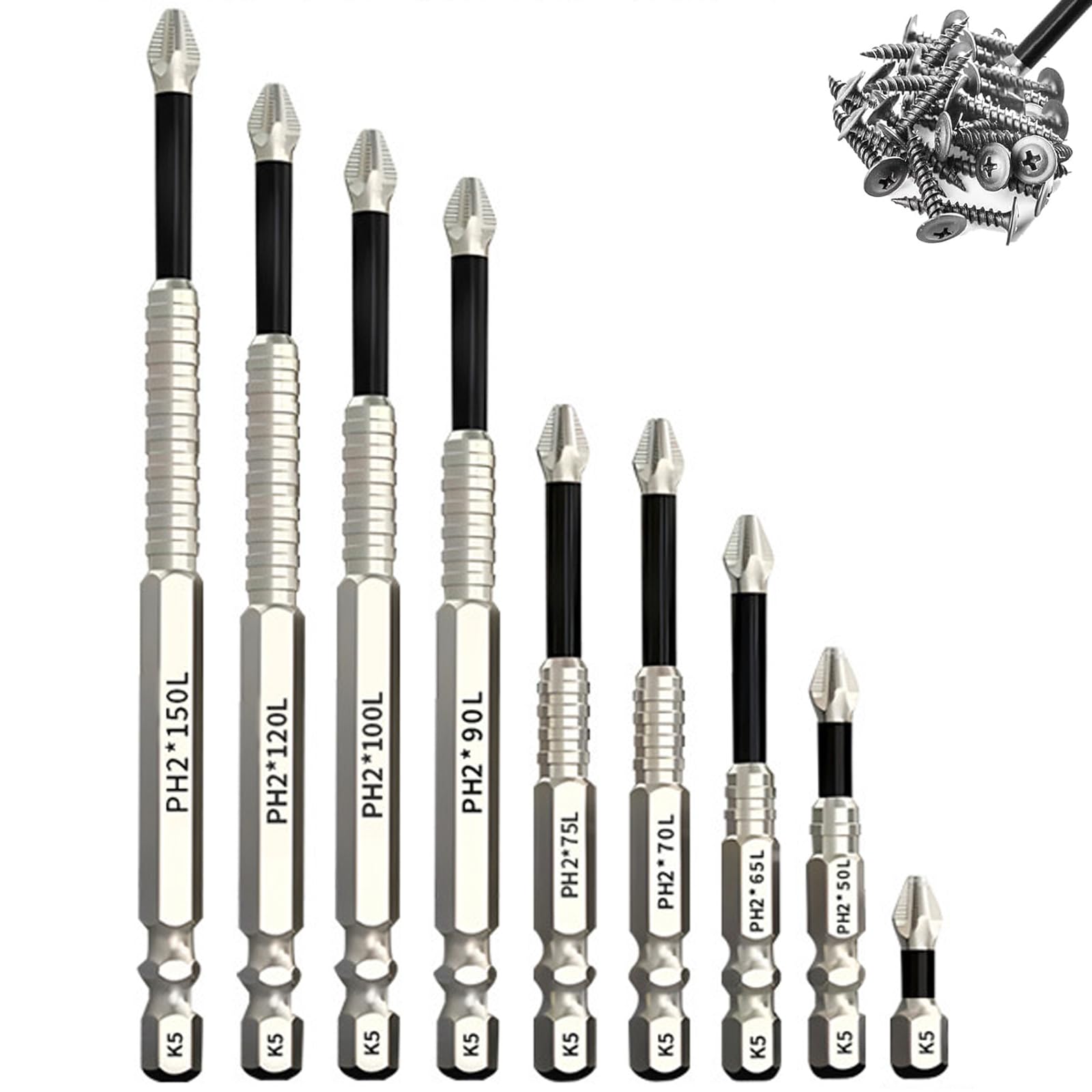 9 Pcs Anti Slip Screwdriver Bits, Long Hex Shank Bits for Impact Driver