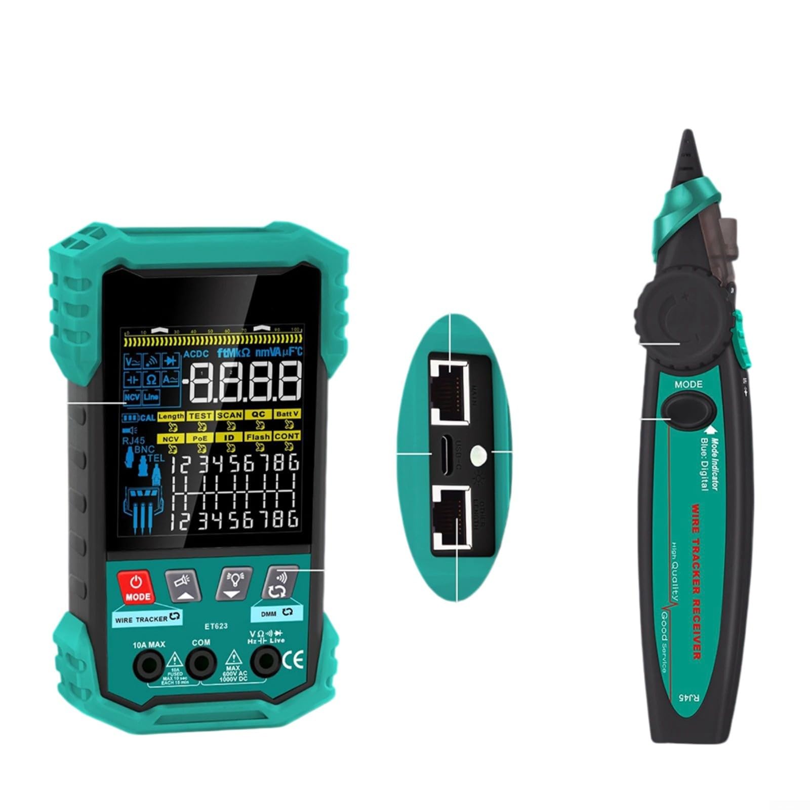 Testeur de câble réseau 2 en 1 et multimètre, 25-400 m de longueur avec pour test de tension Poe, détection NCV, écran LCD pour câbles BNC RJ45 (ET622)