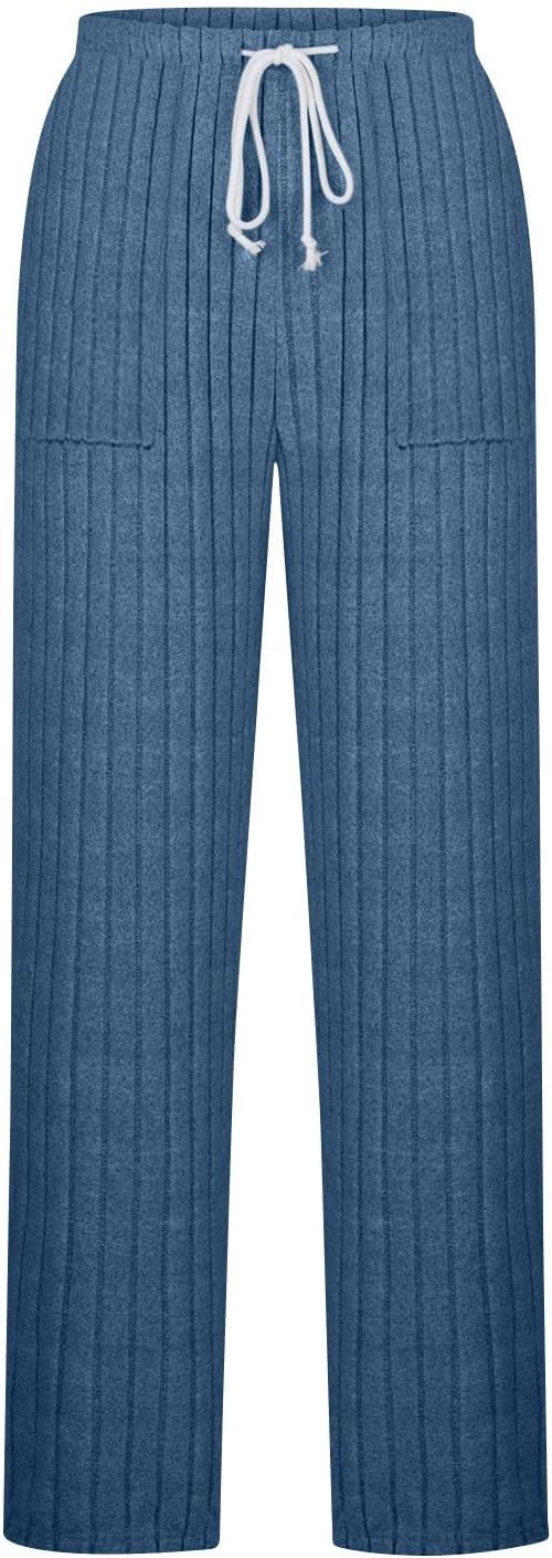 Womens Ribbed Lounge Pants with Pockets Wide Leg High Waist Drawstring Pants Solid Color Loose Comfy Soft Trousers