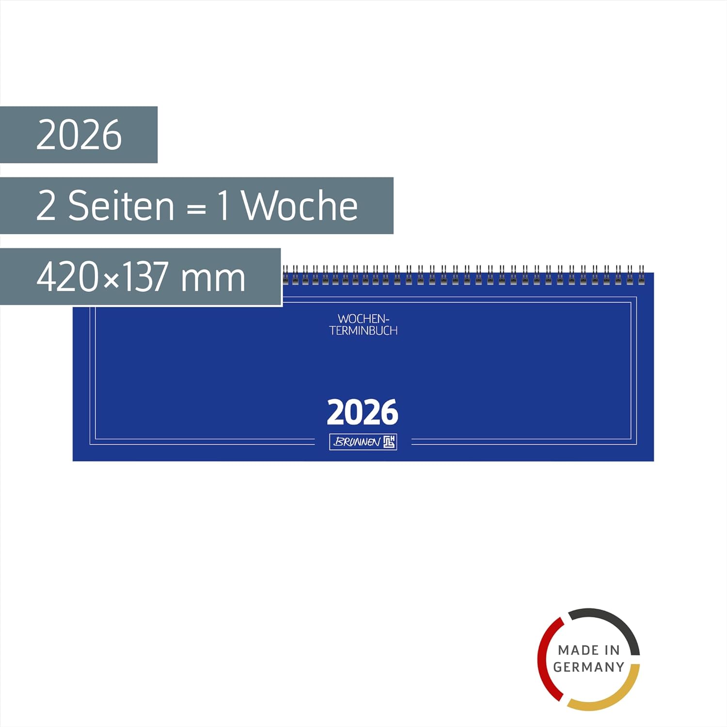 BRUNNEN Landscape Appointment Book Model 775 2026 | 420 x 137 mm, Cardboard, Blue