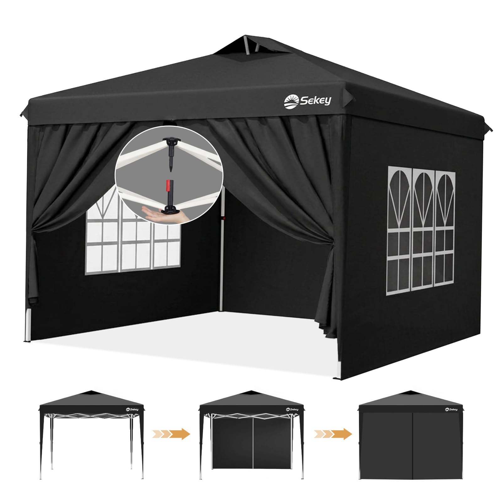 Sekey Pop Up Pavillon 3x3 Wasserdicht Stabil Winterfest mit Seitenwänden, Faltpavillon 3 x 3 m, Camping Pavillion Faltbar Partyzelt mit Belüftung, Designer Serie 3x3, Schwarz