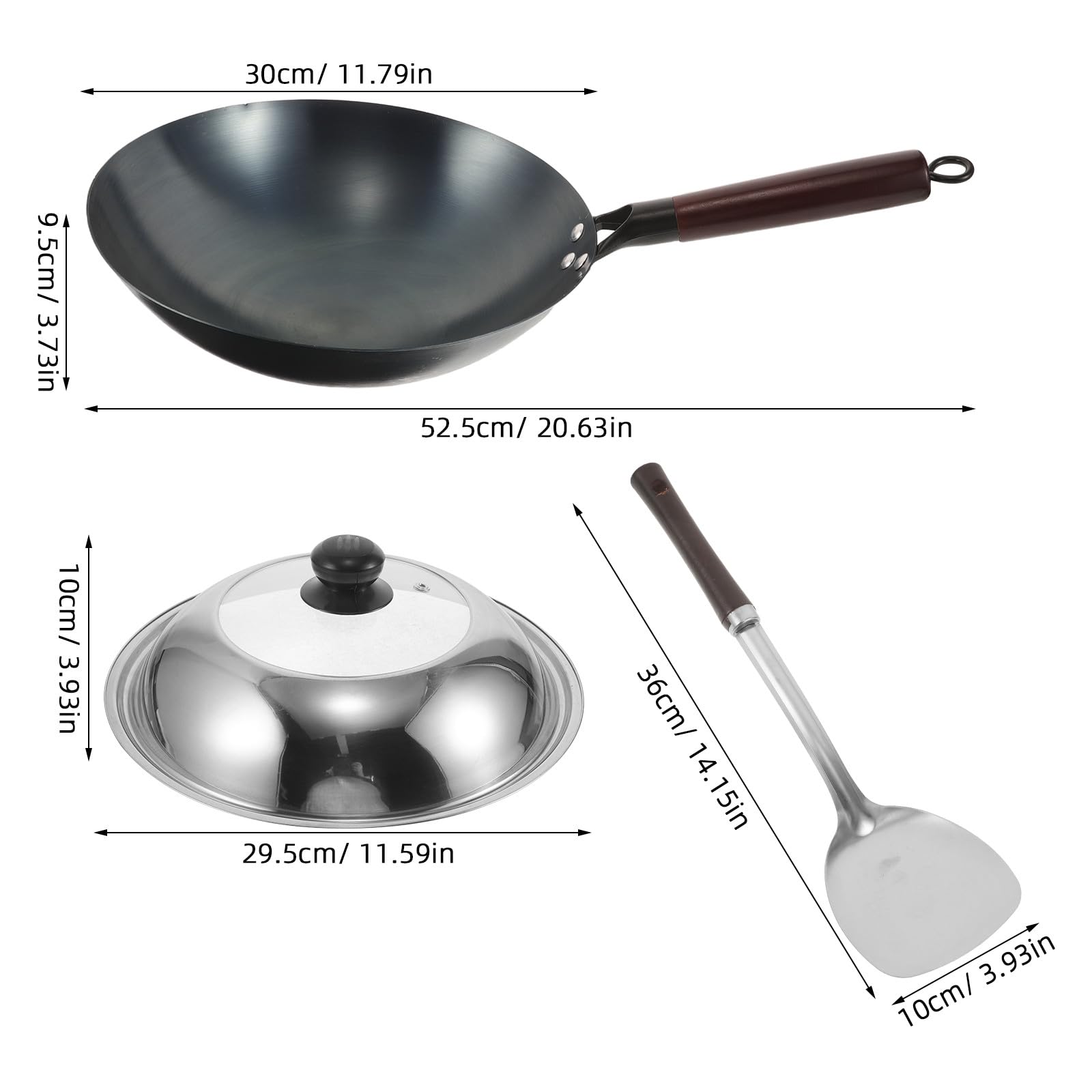 Veemoon Sartén wok de hierro fundido con tapa y espátula - Sartén china para saltear con fondo circular y mango de madera - Wok tradicional sin revestimiento para acampar y cocinar a fuego abierto.