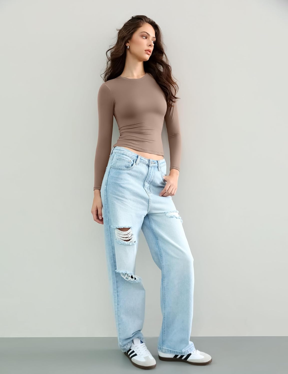 Women's Long Sleeve Shirts Crew Neck Slim Fit Going Out Tops Basic Tees Barely There Collection - Image 3