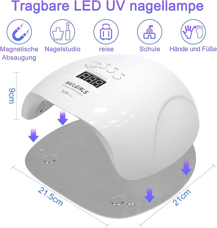 NAILGIRLS 150W LED UV Körömszárító Lámpa - LCD Kijelzővel, 4 Időzítővel, Automata Érzékelővel, Levehető Mágneses Talppal, Műköröm Gél Lakk S