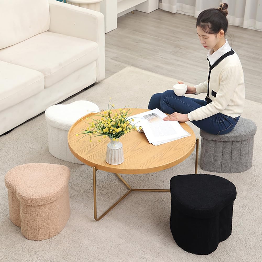 Upholstered Ottoman with Storage,Heart Shaped Foot Stool Collapsible Footrest for Living Room Bedroom,Fluffy Plush Padded Seat Soft Ottoman Box with Lid (Khaki)