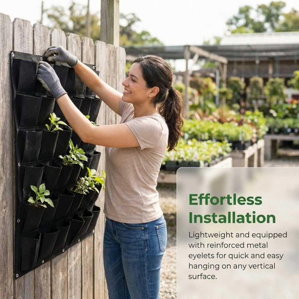 Grow Bags, 1m x 1m Felt Vertical Garden Grow Bag, Wall Mounted Planting Bag for Flowers, Herbs, Vegetables, Indoor and Outdoor Gardening use(Black)