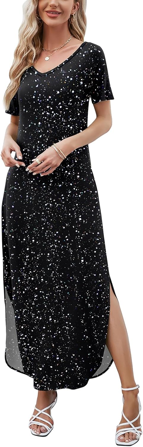 HUSKARY Women's Summer Maxi Dress Casual Loose Pockets Long Dress Short Sleeve Split Maxi Dresses - Image 3