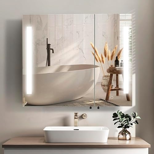 Miniatura 8 de Movo Botiquín iluminado con espejo, 30 pulgadas x 26 pulgadas, espejo LED para baño con luces y almacenamiento, antivaho, regulable, cambio de