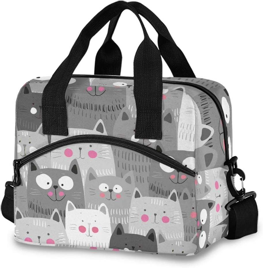Cartoon Cats Kitten Lunch Bags for Women Black Grey White Lunch Tote Bag Lunch Box Water-resistant Thermal Cooler Bag Lunch Organizer for Working Picnic Beach Sporting