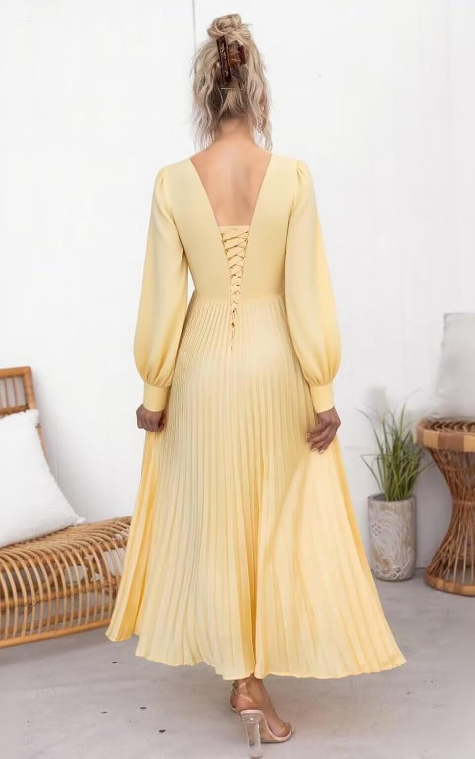 Pleated Satin Bridesmaid Dress Long Sleeve V Neck Formal Evening Party Gowns A Line for Elegant Women - Image 3