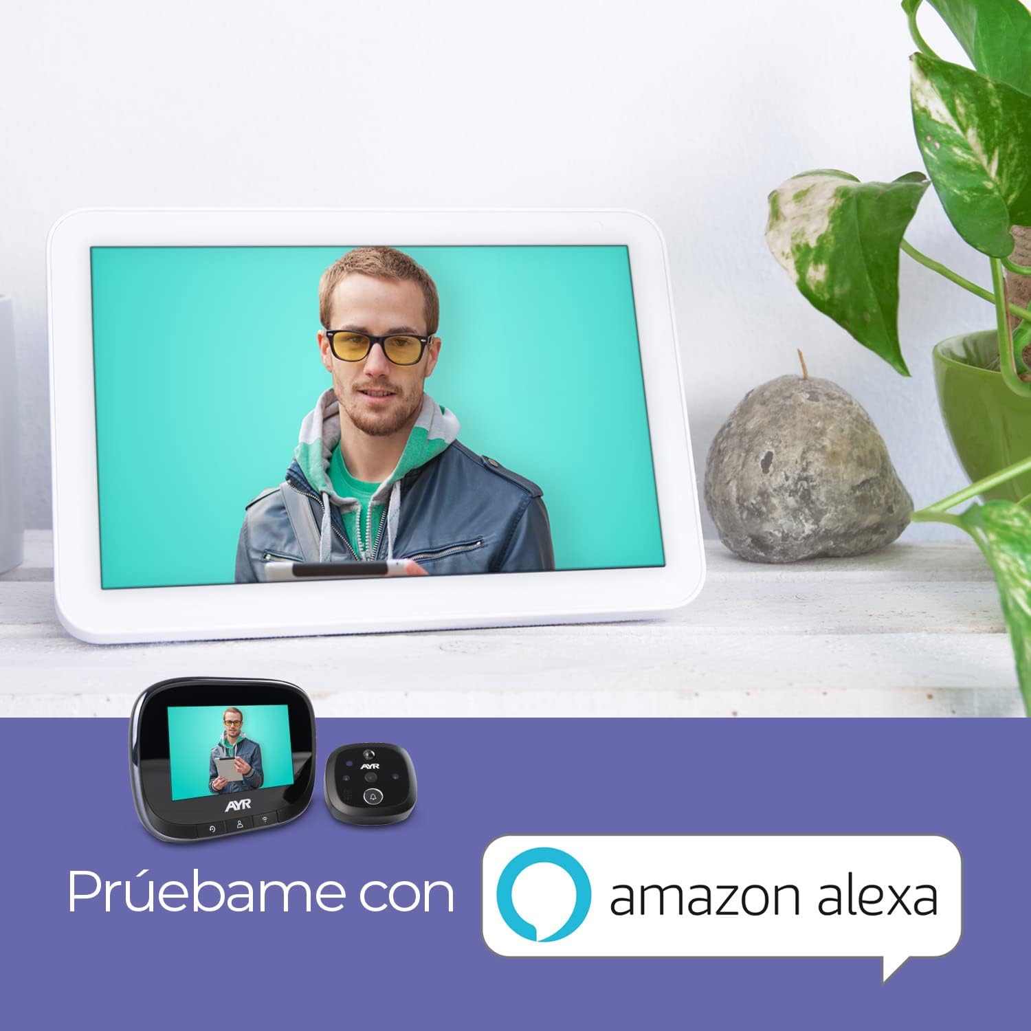 AYR Digital Door Viewer monitor integrated with Amazon Alexa, showing voice control capabilities.