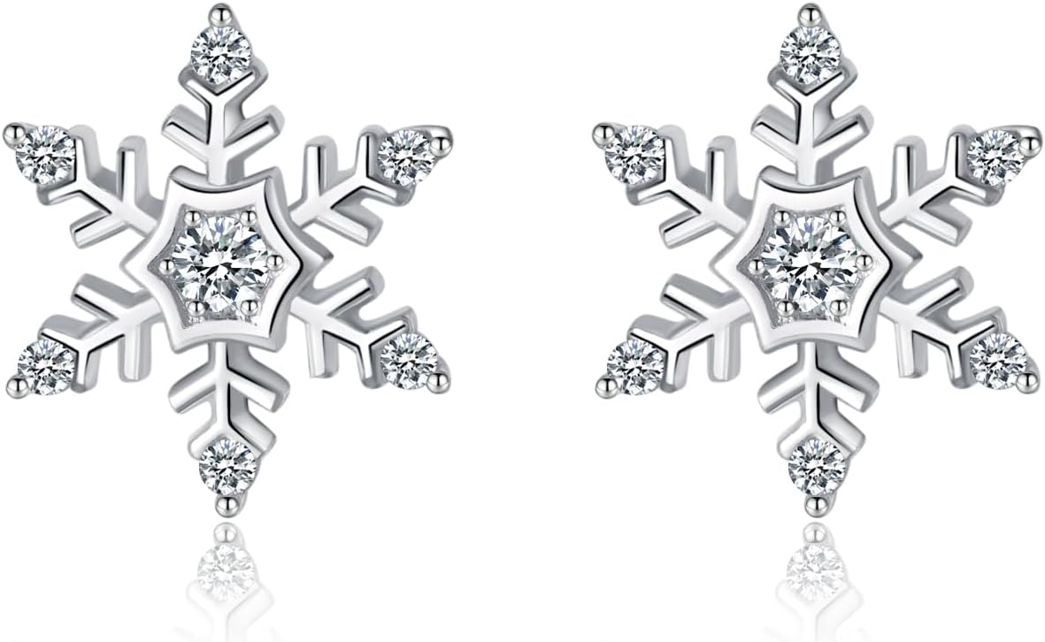 Reffeer Solid 925 Sterling Silver Snowflake Earrings Stud for Women Teen Girls Winter Snowflake Stud Earrings