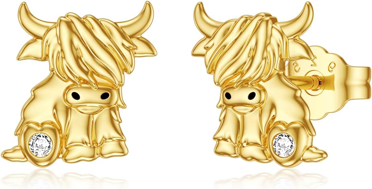10K/14K Real Gold Highland Cow Earrings for Women,Yellow Gold Heart Cattle Stud Earrings Jewelry Anniversary Birthday Gifts for Her