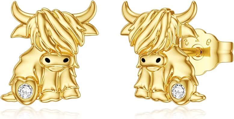 10K/14K Real Gold Highland Cow Earrings for Women,Yellow Gold Heart Cattle Stud Earrings Jewelry Anniversary Birthday Gifts for Her