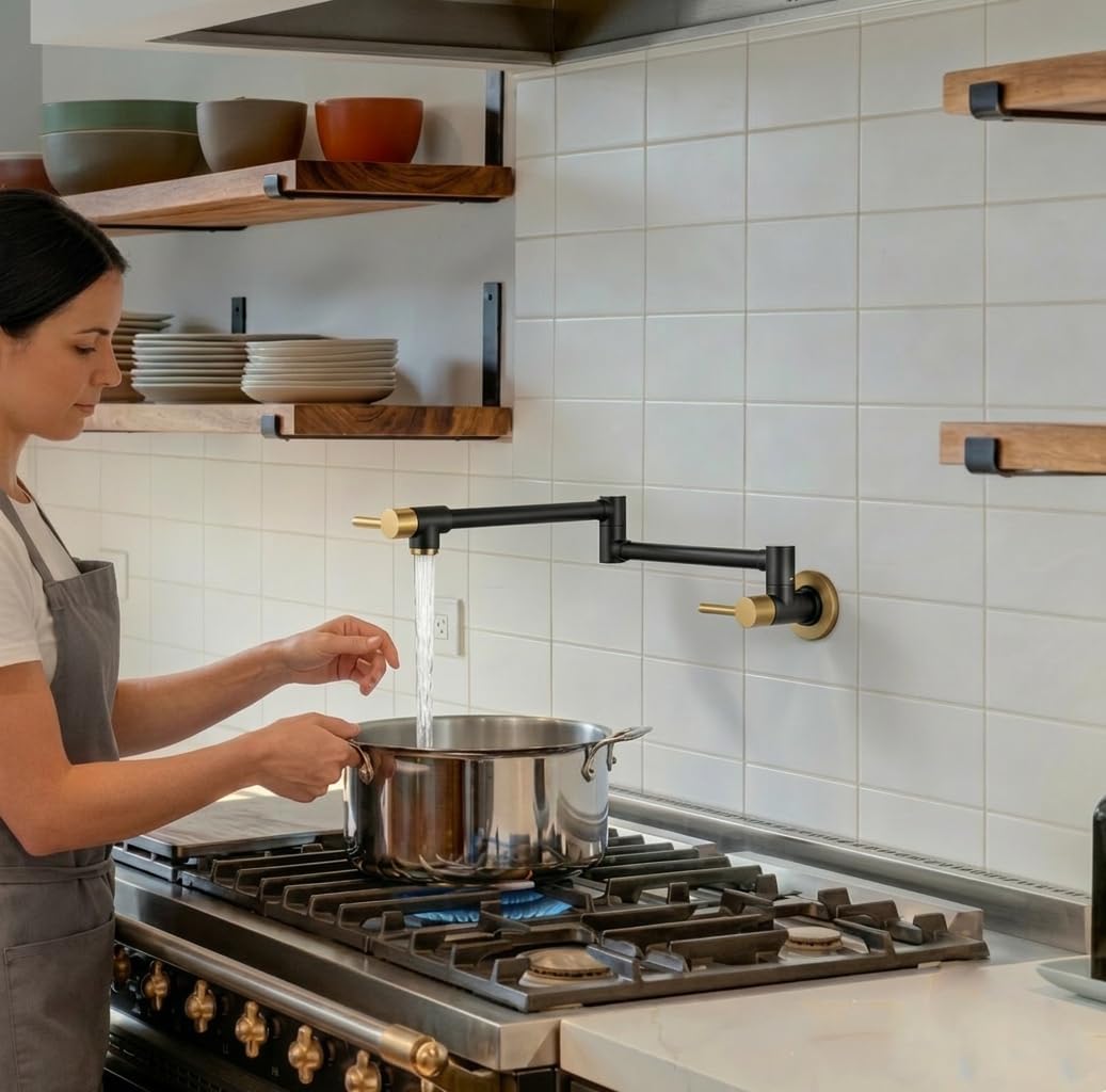 Pot Filler Faucet Black and Gold, ALEASHA Solid Brass Made Pot Filler, Wall Mount Folding Kitchen Sink Pot Filler Faucets, Retractable Single Hole with Two Handles for Sink Stove