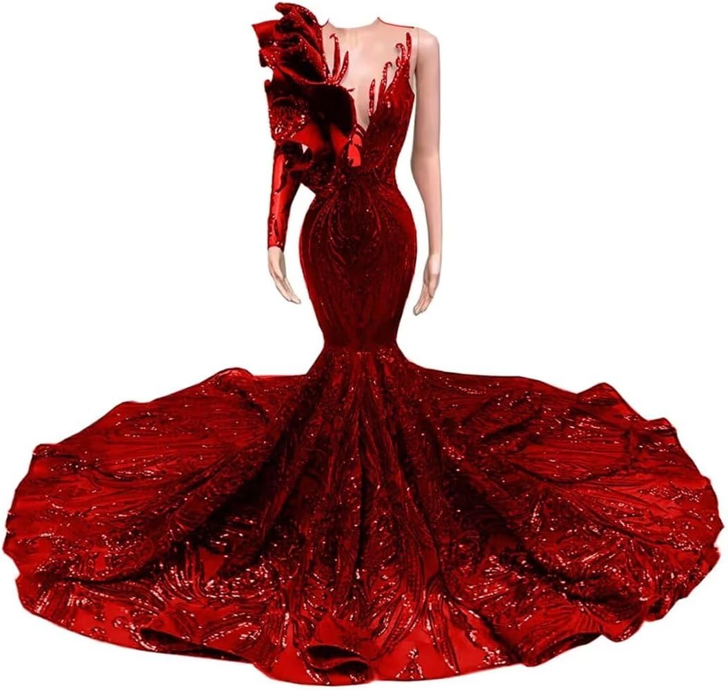 Women's V-Neck Shiny Sequined Mermaid One Shoulder Long Train Shower Party Evening Dress Pageant Celebrity Gown