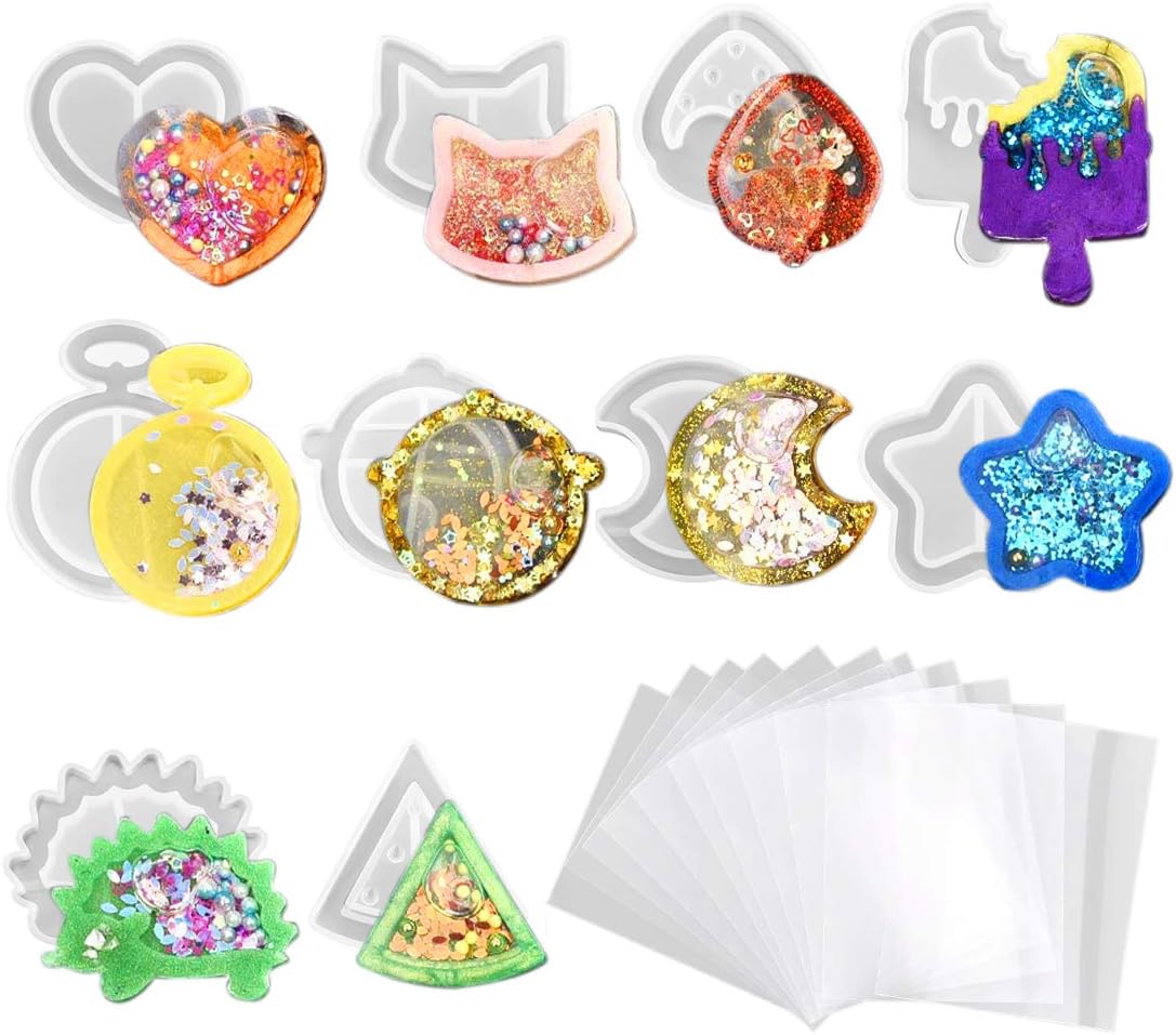 YAKAMOZ 20pcs Resin Casting Shaker Molds Set, 10pcs Epoxy Silicone Molds with 10pcs PVC Sheets for DIY Wand Oil Syringe Craft Jewelry