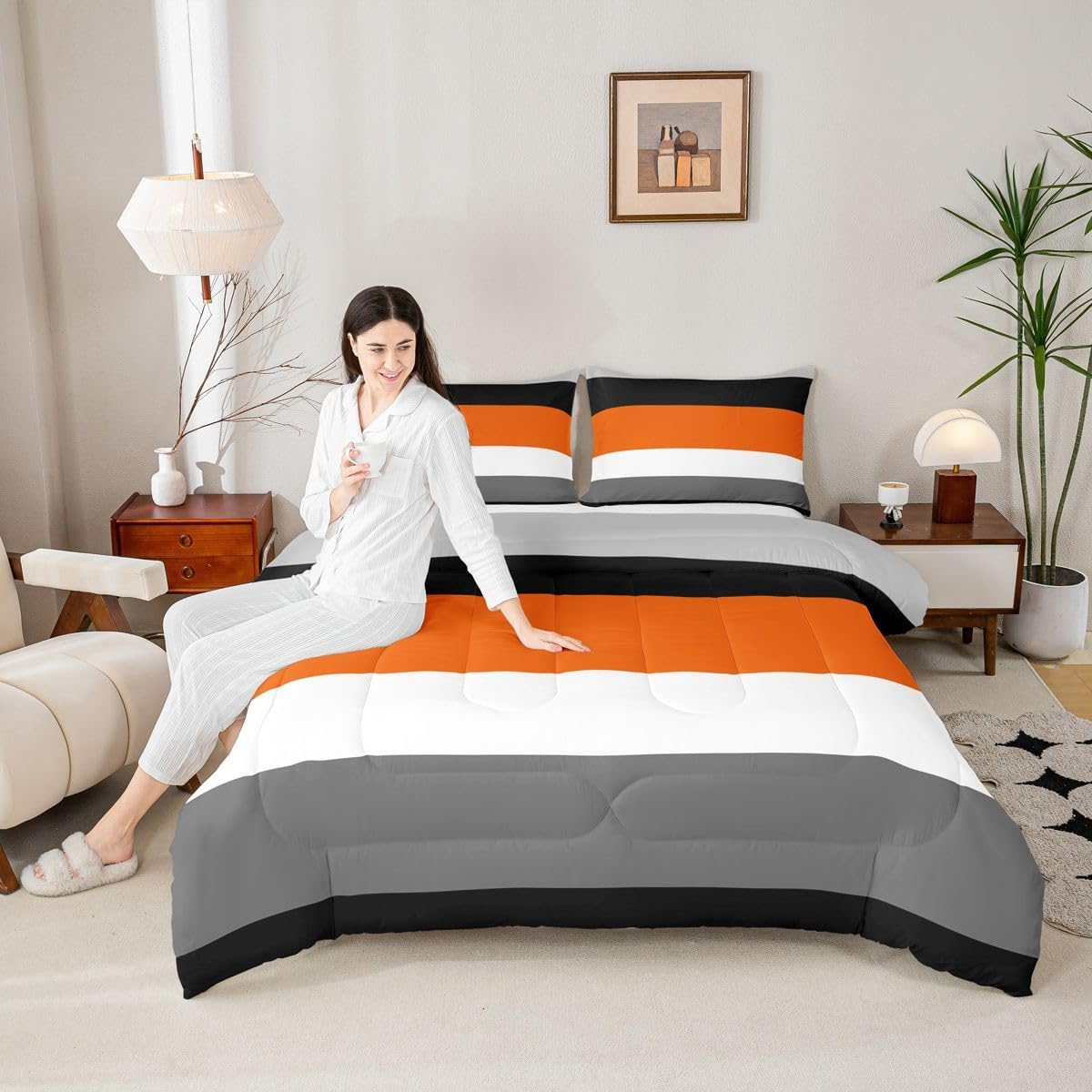 Erosebridal Orange Gray Black Bedding Set Queen Patchwork Geometric Stripes Comforter Set Light Grey White Striped Quilt Comforter for Kids Adults Men Women,Modern Simple Duvet Insert 2 Pillow Cases