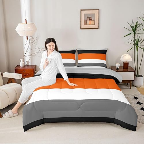 Miniatura 3 de Erosebridal - Juego de ropa de cama tamaño Queen con diseño de retazos geométrico en naranja, gris y negro, juego de edredón a rayas en gris claro y