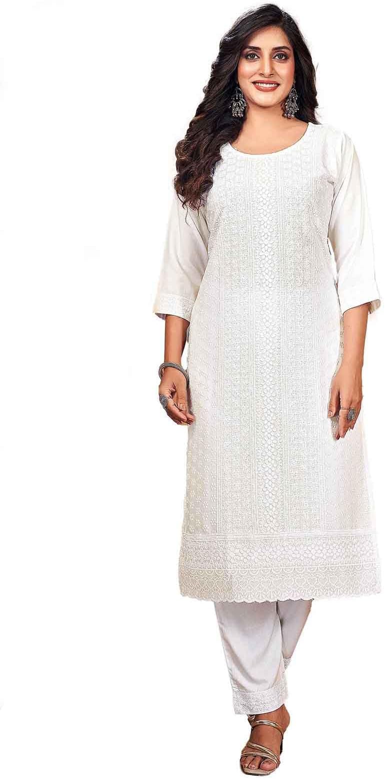 Women’s 2 Piece Rayon Tunic Kurta & Pants Co-Ord Set | Lucknowi Chikankari Schiffli Embroidery Sequins Kurti Set