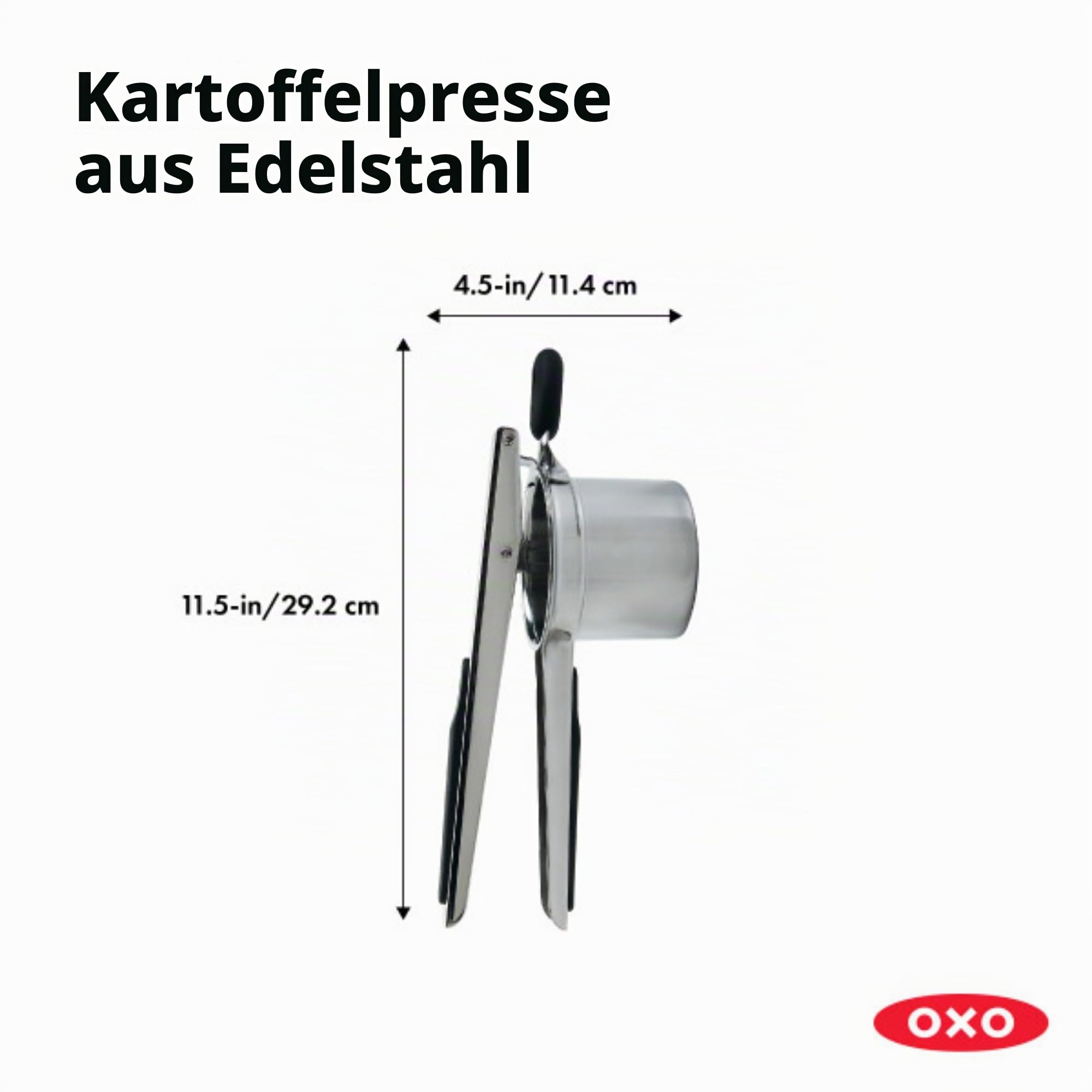 OXO Good Grips Kartoffelpresse | Edelstahl-Presse für glatte, fluffige Kartoffelpüree, Weiche, rutschfeste Griffe, Stabiles Design, Spülmaschinenfest