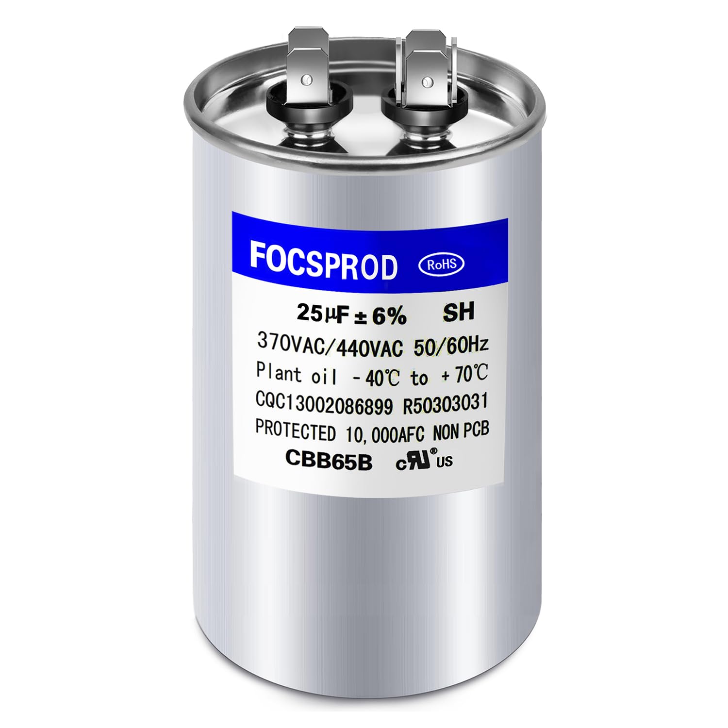 Photo 1 of [UL Recognized] FOCSPROD 25 uF 25 MFD ±6% 370V/440V CBB65B AC Capacitor, Round Capacitor Replacement, 25 uF 440 Volt HVAC for AC Unit Fan Motor Start or Heat Pump or Condenser Straight