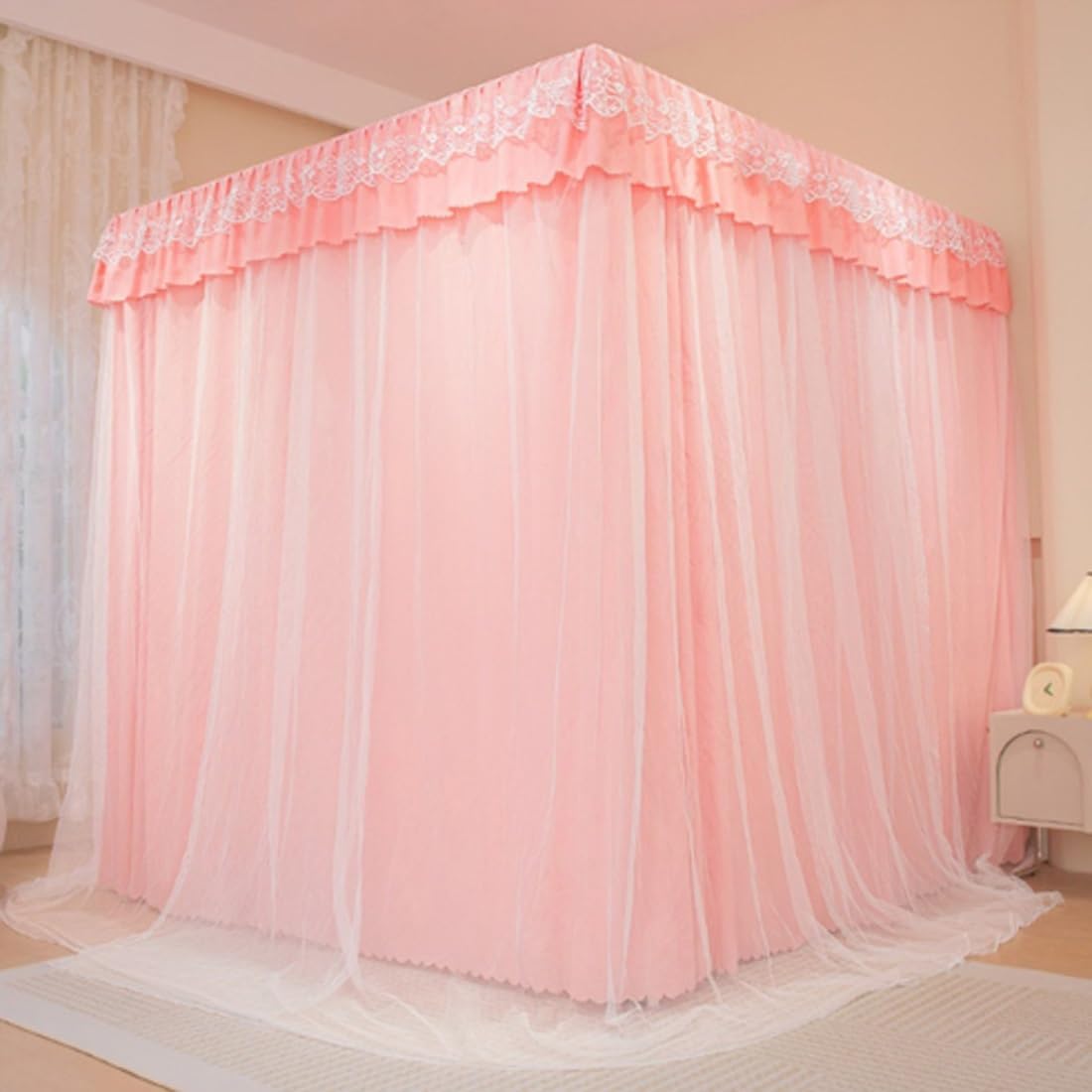 Elegant Double Layer Cozy Drape Netting Bed Curtain,4 Corners Post Solid Color Bed Canopy Curtain,Thickened Steel Pipe Bracket,for Girls' Adult Bedroom Decor(E)