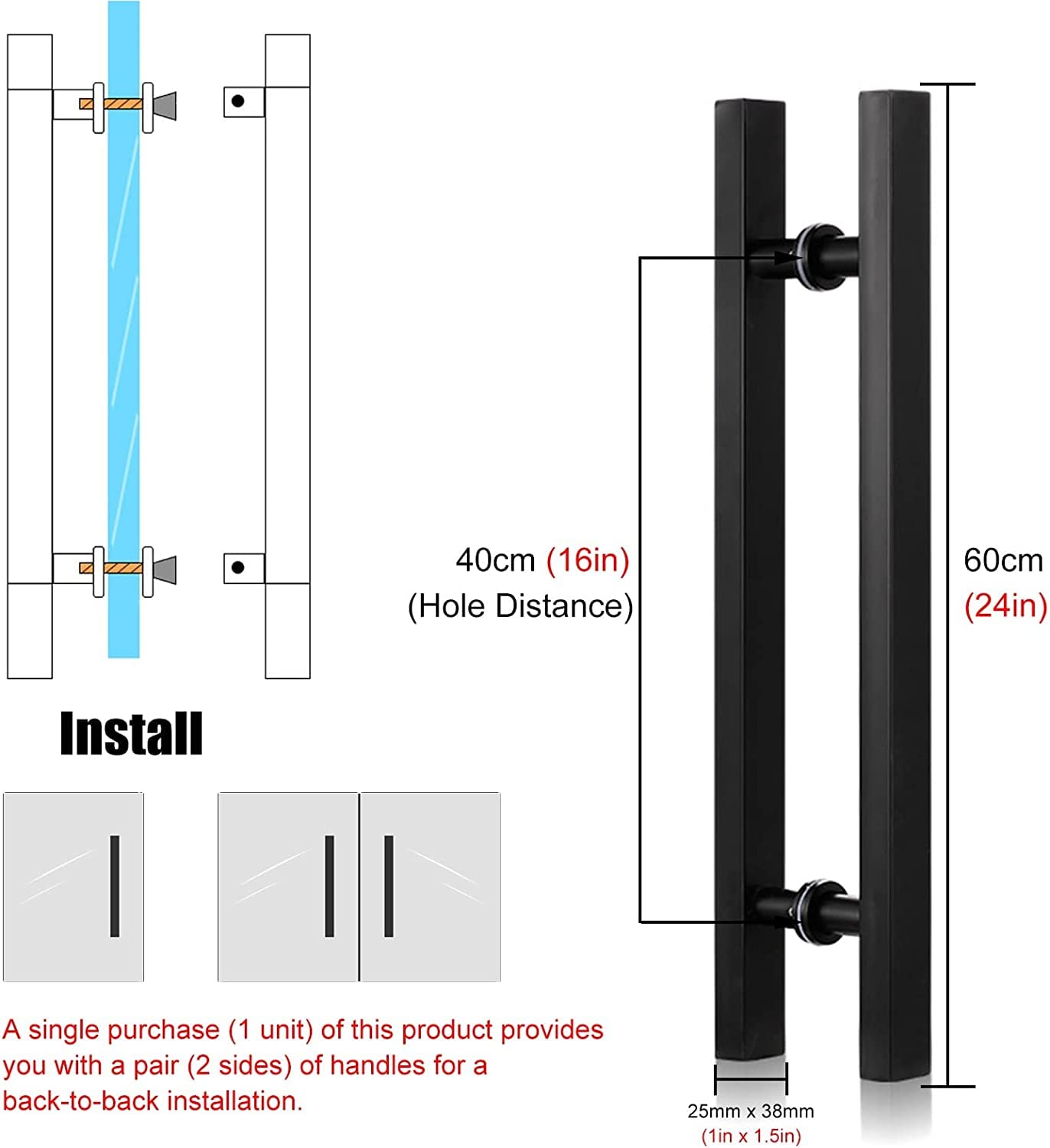 Generisch Nowoczesny, matowy czarny uchwyt do drzwi stodoły – 61 cm klamka do drzwi przesuwnych w kształcie litery H – stylowy kwadratowy element do dekoracji domu i wystroju wnętrz
