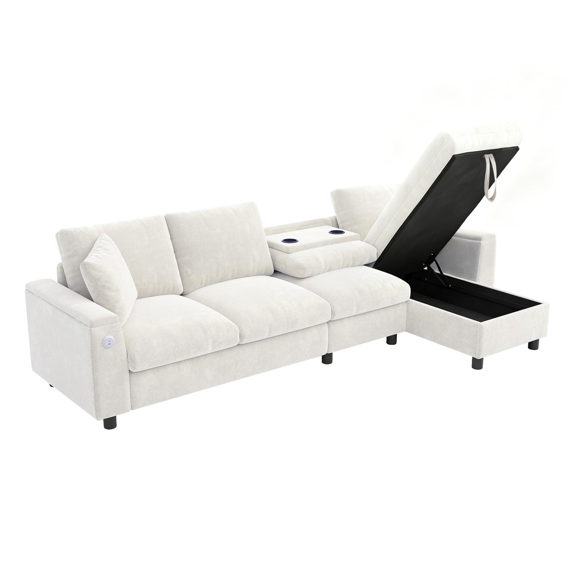 Sofa szenilowa w kształcie litery L z miejscem do przechowywania, rozkładany stolik kawowy z uchwytami na napoje, USB i typ C, montaż z lewej lub prawej strony, beżowy, sofa narożna