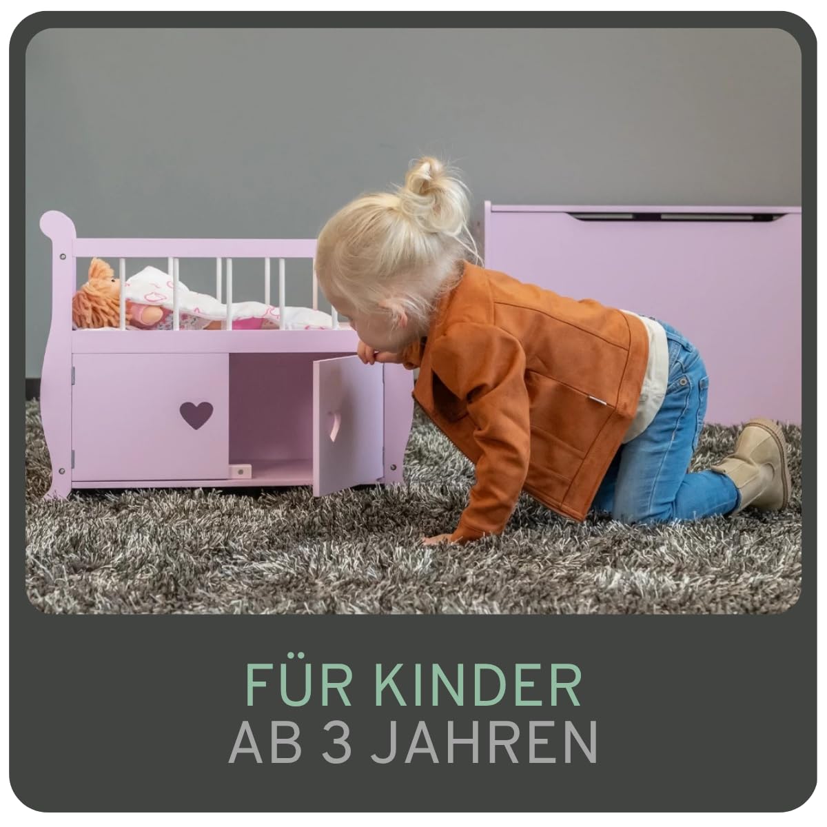 Bandits & Angels Puppenbett Sweetheart aus Holz mit Schrank rosa – Puppenbett aus Holz – geeignet für Puppen bis 46 cm – inklusive Decke – Puppenbett – Puppenmöbel