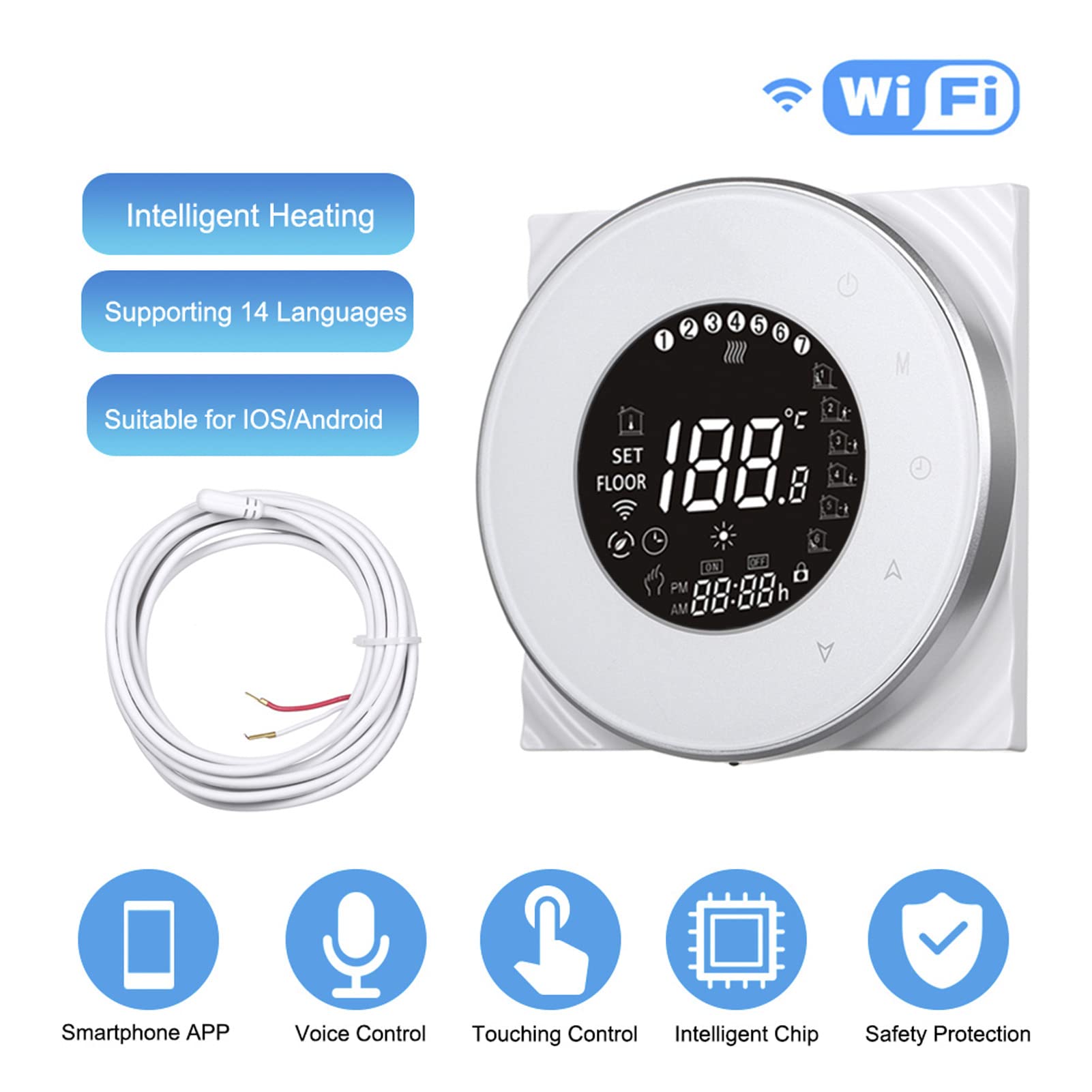 Fdit Smarter WiFi-Fußbodenheizungsthermostat mit Hoher Genauigkeit, Sprachsteuerung für Elektrische Heizsysteme, LCD-Touchscreen für Smart Home, Weiße Farbe