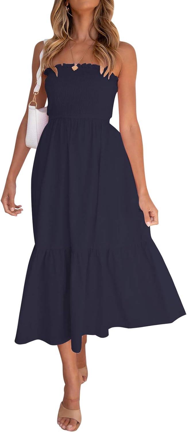 ZESICA Women's Summer Strapless Dress Off Shoulder Sleeveless High Waist Solid Color Beach Long Dresses