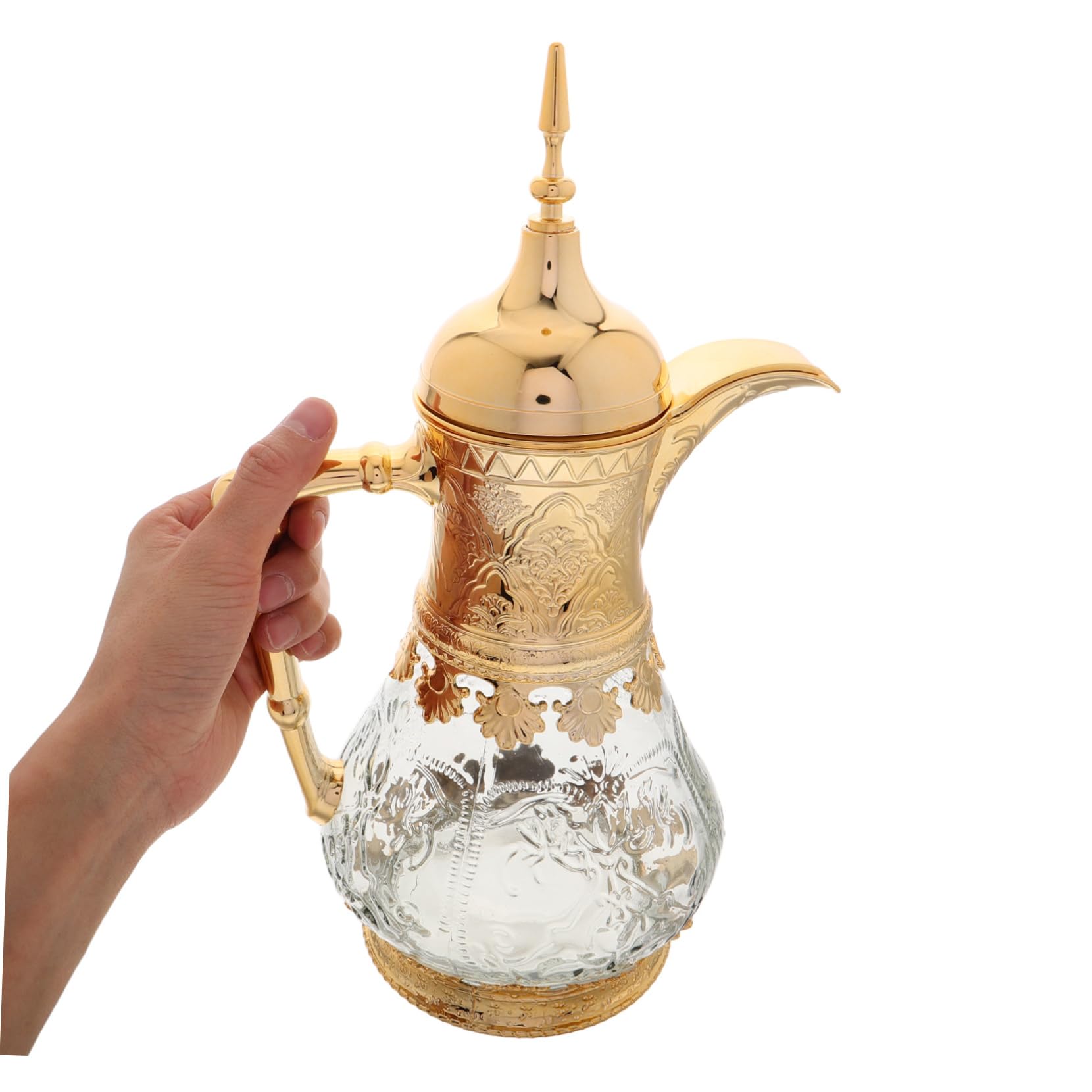 Jarra de Agua de Cristal Estilo Oriente Medio Dorada | Capacidad Moderada, Acabado en Plástico y Vidrio, Uso en Cocina y Fiestas, Manejo Sencillo y Limpieza Fácil