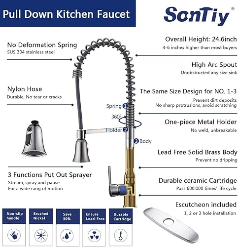 Miniatura 2 de Grifos de cocina de latón macizo con rociador extraíble, manija única comercial con botón de pausa, grifo de fregadero de cocina de alto estándar de