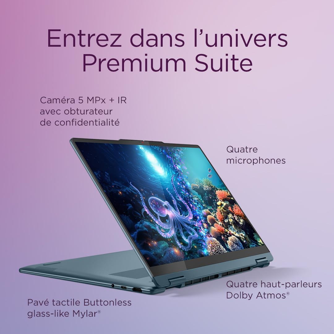 Lenovo Yoga 7 2-in-1 14AKP10 - Ordinateur Portable 2-en-1 14'' OLED Tactile Copilot+(AMD Ryzen AI 7 350, RAM 16Go, SSD 512Go, AMD Radeon 860M, Windows 11 Home) Clavier rétroéclairé AZERTY - Tidal Teal