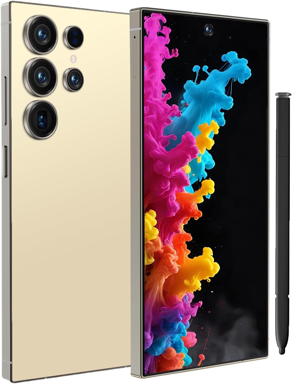 Front and back view of the I25 Ultra Gold smartphone with a stylus.
