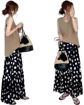 Amazon | [YUANYUAN] 2点セット ニットベスト+ドット柄スカート 