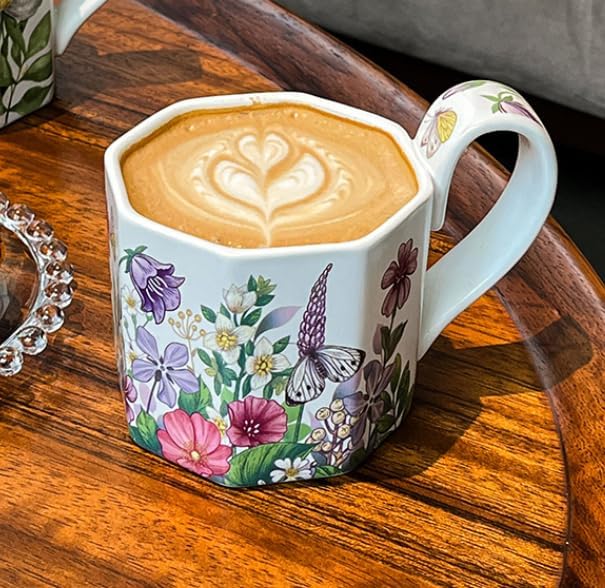 Ceramic Coffee Mug with Handle Vintage, Floral Cute Octagonal Espresso Cups, Large Tea Cups and Drinking Mugs for Office and Home, Ideal Gifts for Women and Men (Purple 400ml) - Image 5