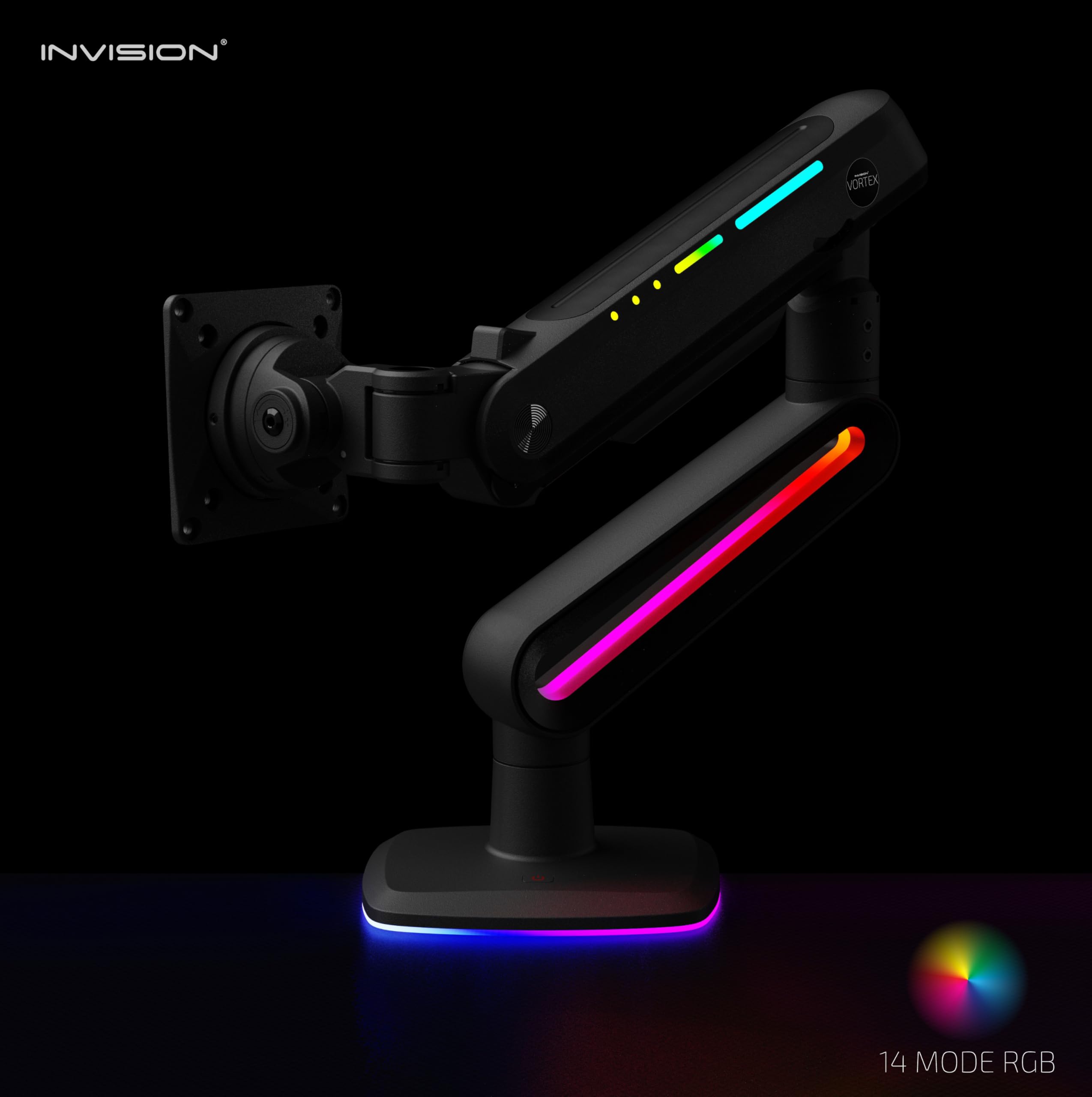 Invision VORTEX Supporto Braccio Monitor Gaming Schermi 27 a 57 pollici | Curvo e UltraWide | Alimentato Tramite USB 5 V | Luci LED RGB Integrate a 14 Modalità | 3-18 kg MAX (VR200)