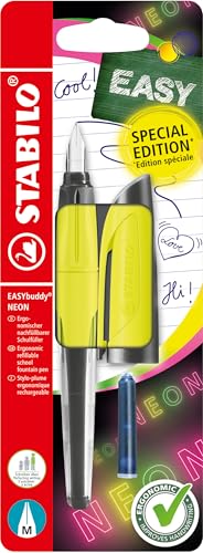 STABILO - Schulfüller mit Standard-Feder M - EASYbuddy NEON in neongelb - blau (löschbar) - inkl. Patrone - Blister