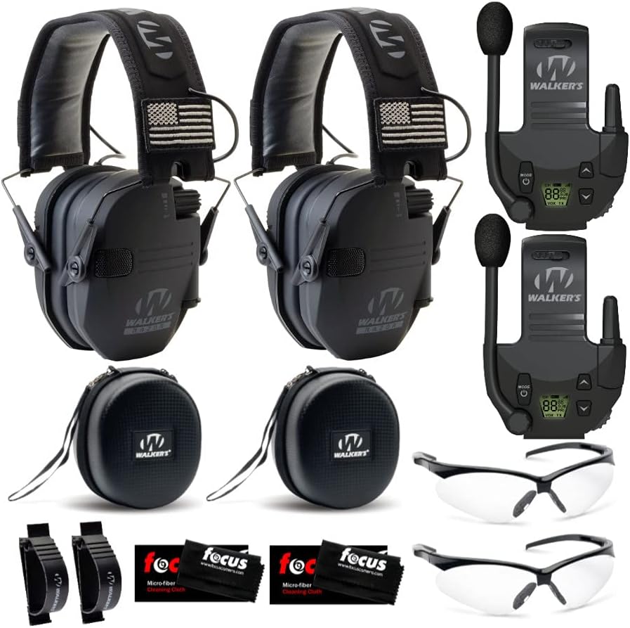 Walker's Razor Slim Electronic Muff with Walkie Talkie Attachment Bundle