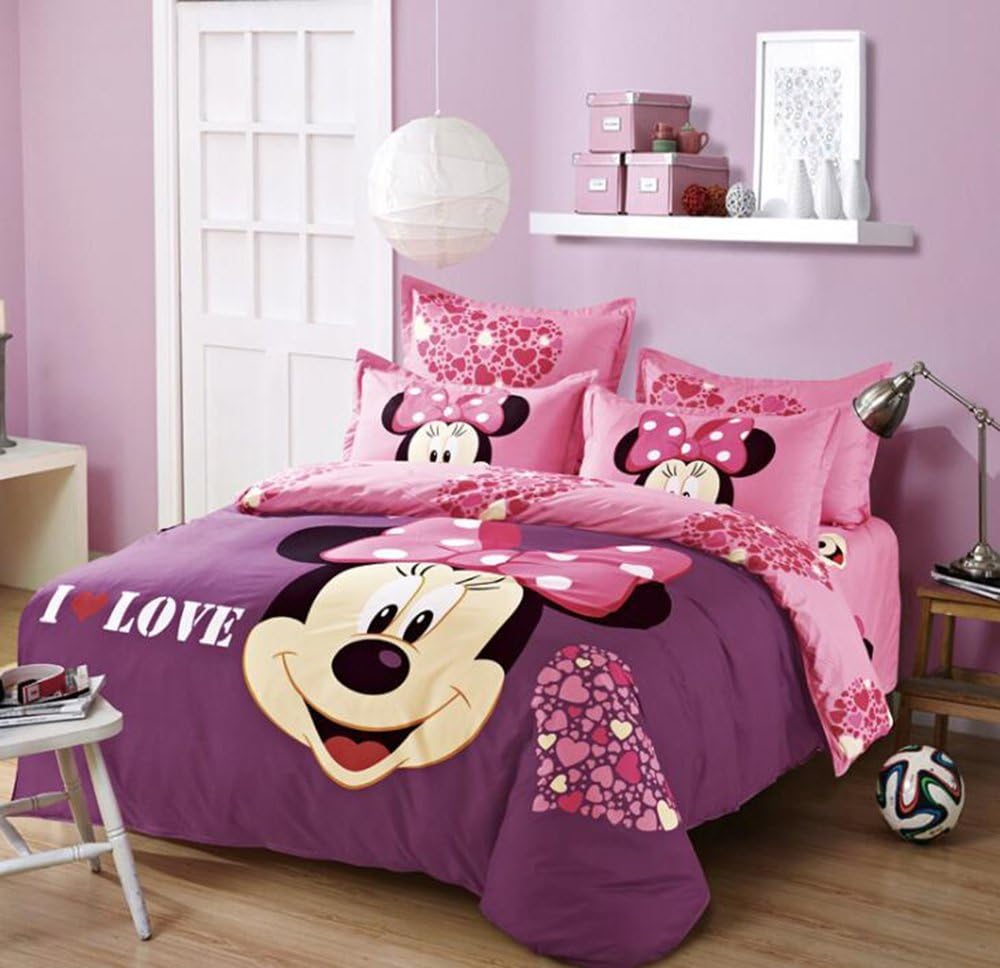 Disney Pattern Comforter Cover Set 4pc Cartoon Bedding Set Mickey Minnie Bed Sheet Quilt Pillow Cover (Full, I Love U)